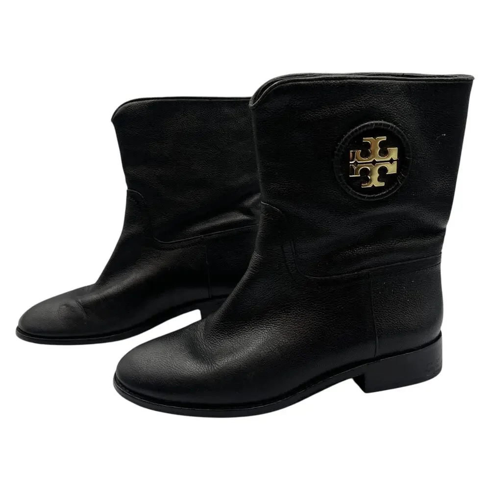 Tory Burch Hallie Mid Shaft Leather Moto Riding Boots Booties Black Size 6.5M